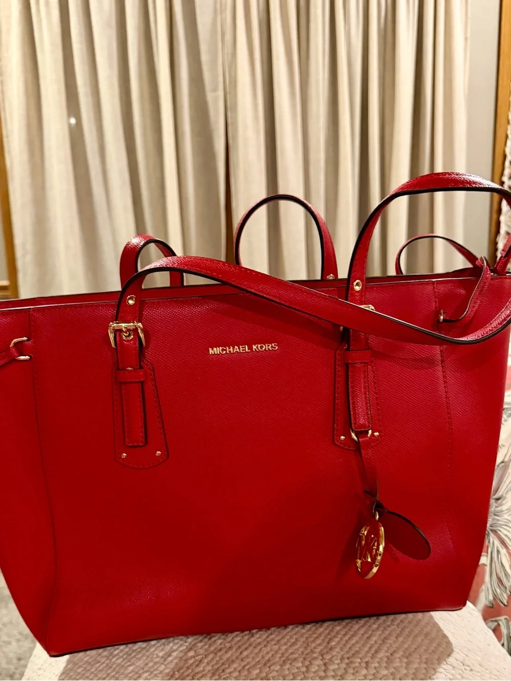 Michael Kors Bright Red Saffiano Leather Tote with Gold Hardware